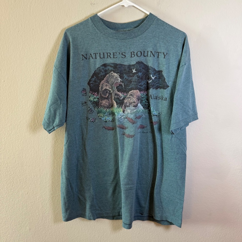 Vintage 1993 Signal Sports Alaska Grizzly Bear T-Shirt XL Single Stitch Teal USA